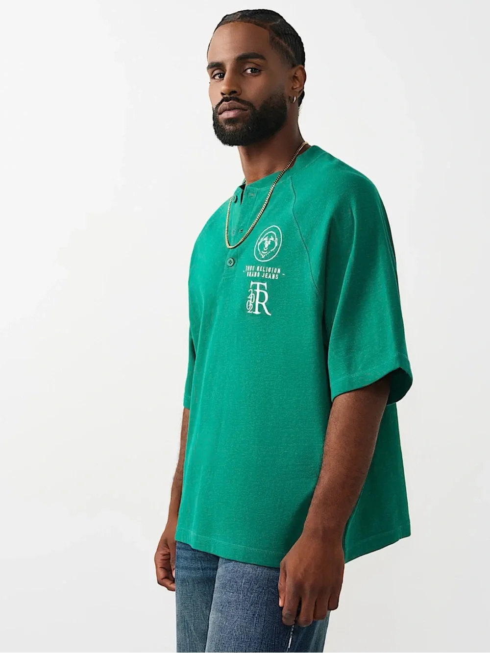 True Religion Raglan Oversized Henley Tee in Ultra Marine Green Size L ~ NWT